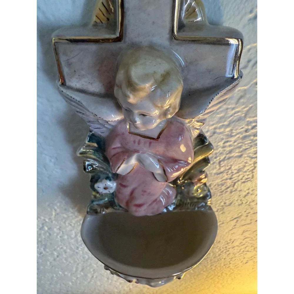 Vintage Porcelain Angel and Cross Holy Water Font - Hand Painted- Gold Trim - Picture 5 of 11